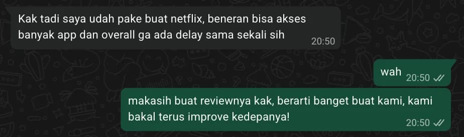 Bukti chat pelanggan SatuBox yang berhasil aktivasi aplikasi premium